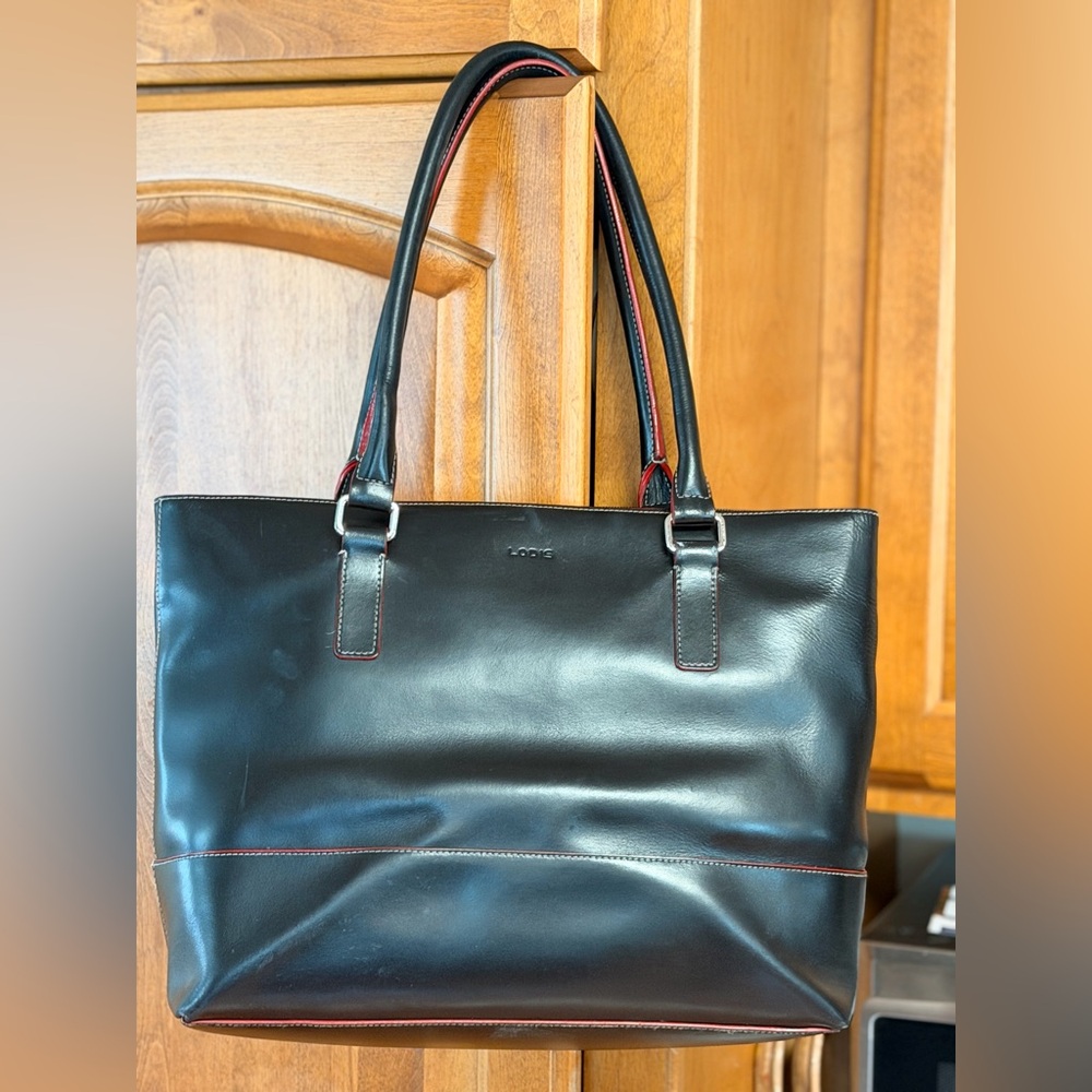 AS IS LODIS Black leather laptop bag red trim large